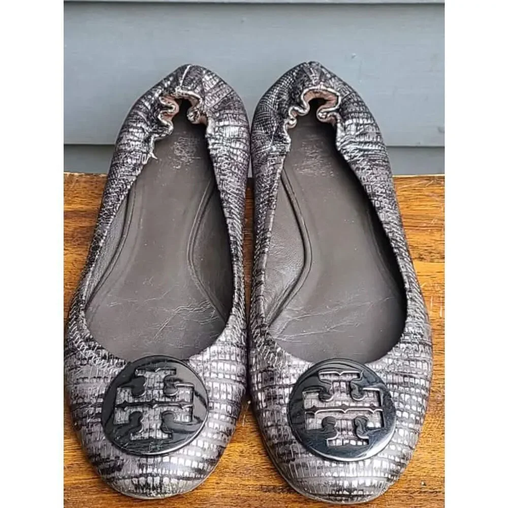 Tory Burch Reva Black Silver Snake Print Leather Ballet Flats size 8M